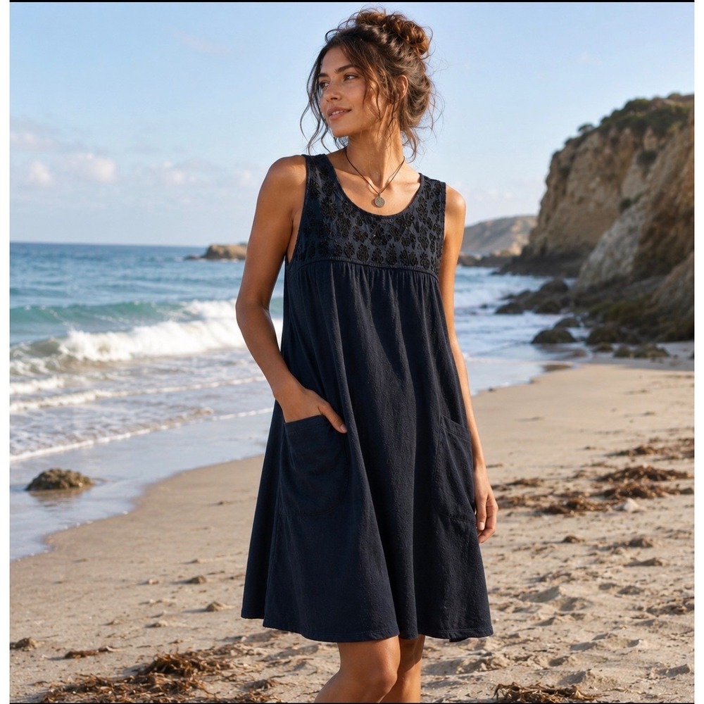 Organic Cotton Embroidered Blue Shift Dress Sleeveless Pockets Costal Womens XS